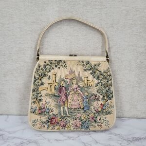 Vintage 60s Cream Tapestry Handbag Hinged Floral